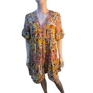 Entro USA V-Neck Mixed Floral Watercolor Ruffle MIni Dress Size Small, EUC